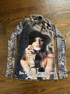 Anna Sui Rare Velvet Graphic Mesh Turtleneck Top Y2K Statement Rhinestone
